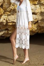 Load image into Gallery viewer, White Lace Bottom Self-Tie Kimono Cover Up
